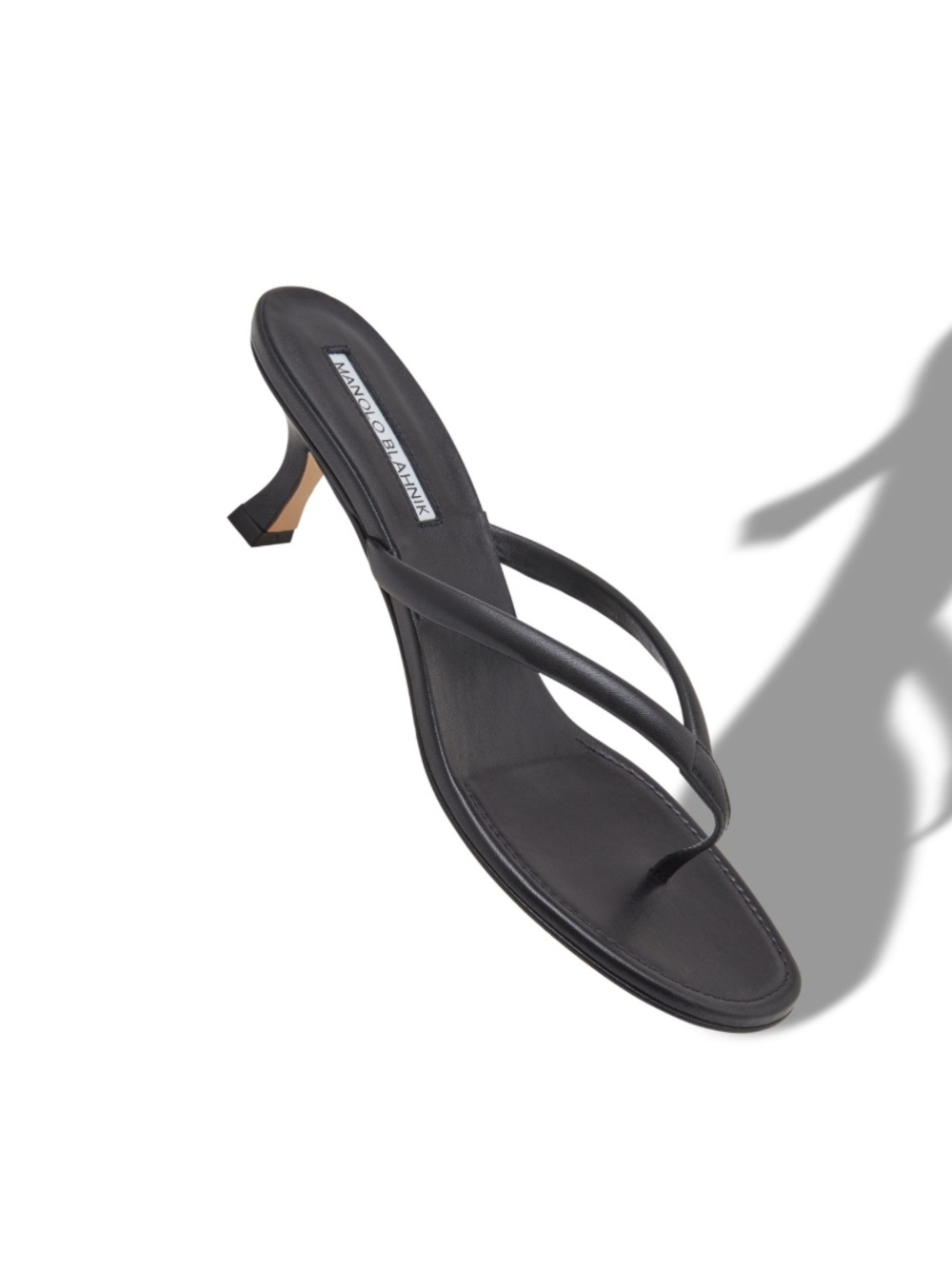 Manolo Blahnik Black Paterno Leather Thong Heeled Sandals